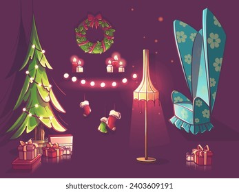 Digital Illustration. Hand-drawn 100 vector image. Color illustration Item set Christmas tree, garlands, gifts, armchair, floor lamp, Christmas wreath.