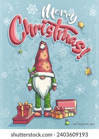 Digital Illustration. Hand-drawn 100 vector image. Vertical christmas card. gnome in a hat, Christmas tree,  box with gifts, Christmas tree toys