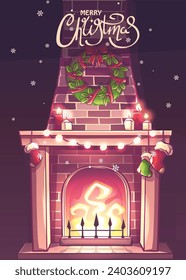 Ilustración digital. Imagen de 100 vectores dibujada a mano. Tarjeta de saludo en color vertical chimenea clásica con envoltorio de ladrillo, regalos de Navidad, corona de Navidad, velas, reservas de Navidad