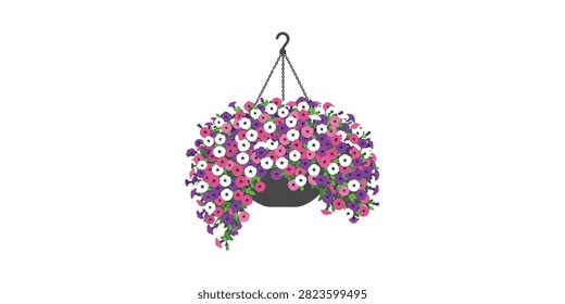 A digital illustration of a hanging basket filled with vibrant pink, purple, and white petunia flowers against a white background.