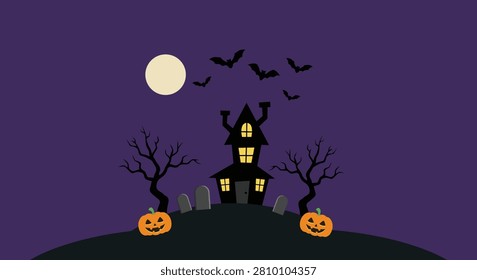 A digital illustration of a haunted house on a hill with two glowing jack-o-lanterns, bare trees, and a full moon in a dark blue night sky with flying bats, creating a spooky Halloween atmosphere.