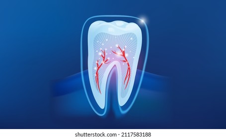 Digital illustration of Healthy tooth abstract treatment concept on blue background .