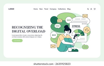 A digital illustration highlighting the awareness of mental health in relation to technology. It focuses on recognizing digital overload and its impact on stress levels. Showcases self-reflection and