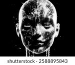 Digital illustration of a human face composed of white particles on a black background, creating a monochromatic and abstract effect that represents futurism and digital technology concepts.
