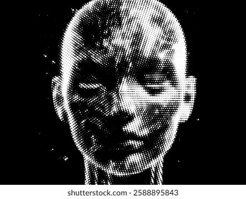 Digital illustration of a human face composed of white particles on a black background, creating a monochromatic and abstract effect that represents futurism and digital technology concepts.