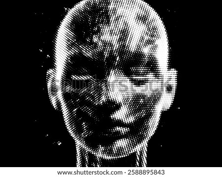 Digital illustration of a human face composed of white particles on a black background, creating a monochromatic and abstract effect that represents futurism and digital technology concepts.