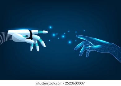 Digital illustration of a human hand and a robotic hand reaching towards each other against a dark blue background, symbolizing the connection between humans and technology.