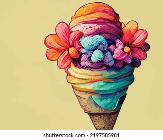 A digital illustration of an ice cream cone with multiple scoops and flowers. Fresh Ice cream, natural ice cream.