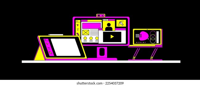 Digital Illustration icon devices, pen display tablet, desktop, laptop for web and business