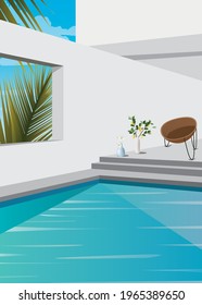 Digital illustration interior landscape vacation villa on island in tropics