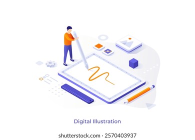 Digital Illustration isometric conceptual template. Designer creating art via tablet vector image for webpage design. Tools and software for drawing. Web application development colorful material