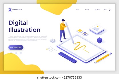 Digital Illustration isometric landing page template. Designer creating art via tablet vector image for webpage design. Tools and software for drawing. Web application development colorful material