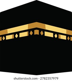 A digital illustration of the Kaaba, a cube-shaped building in Mecca, Saudi Arabia, considered a sacred site in Islam, adorned with a gold band