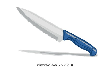 Ilustração digital de uma faca de cozinha com uma lâmina afiada, de cor prateada e uma alça azul brilhante. A alça tem uma alça texturizada. A faca é posicionada diagonalmente sobre um fundo branco e projeta uma sombra cinza suave abaixo dela.