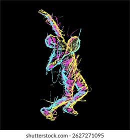 digital illustration line scribble abstract tennis athlete pose yellow, magenta cyan colors 