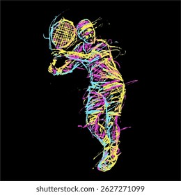 digitale Illustration Linie Scribble abstrakte Tennis Athlet Pose gelb, magenta türkis Farben 
