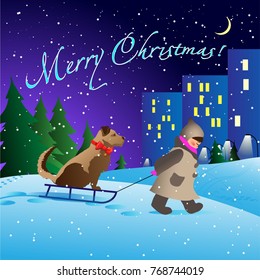 Digital Illustration with a little girl carrying a big dog on the sleigh in winter night on the edge of the town, with Merry Christmas lettering.