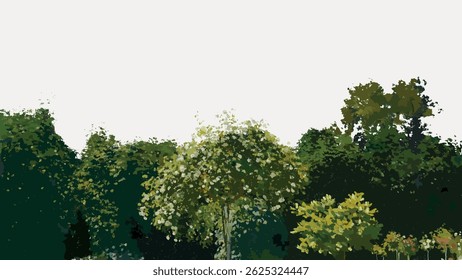 Digital illustration of a lush green forest with various trees. The trees are dense, creating a vibrant and serene natural landscape under a pale sky. Vintage art illustration vector.