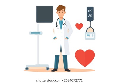Digital illustration of a male doctor with short brown hair, wearing a white lab coat, blue shirt, and dark blue pants. He is standing in front of a medical monitor displaying a heartbeat.