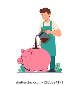 Digital illustration of a man in an apron pouring coffee from a pot into a large pink piggy bank.