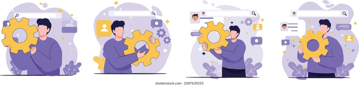 A digital illustration of a man holding a gear symbolizing system settings optimization efficiency and digital workflow improvement