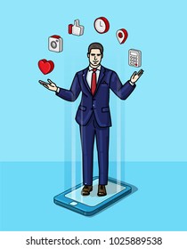 Digital illustration of man operating with various 3d icons, standing on a huge smartphone, blue background