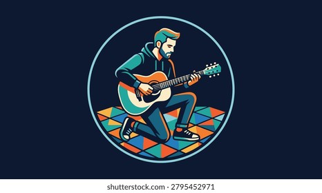 Digital illustration of a man playing acoustic guitar on patterned floor