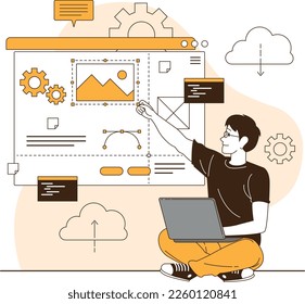 Digital illustration of a man working at a laptop using modern technologies. For websites. Presentations
