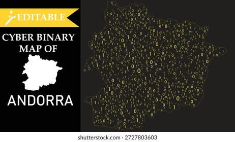 Una ilustración digital del mapa de Andorra con un tema de código binario cibernético