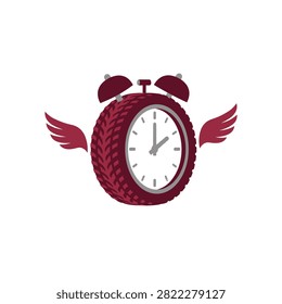 Digital illustration of a maroon alarm clock integrated with a car tire and featuring wings on both sides