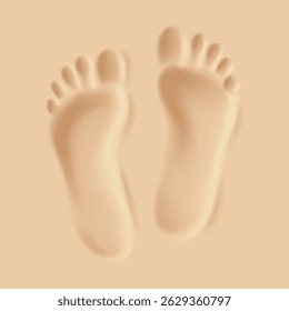 Digital illustration of men footprints on smooth sand. Beige tones convey warmth and calmness. Represents summer vacations or peaceful beach days.
