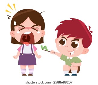 A digital illustration of a mischievous boy playing a prank on a scared girl by holding up a small green worm.