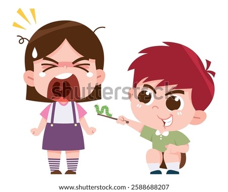 A digital illustration of a mischievous boy playing a prank on a scared girl by holding up a small green worm.