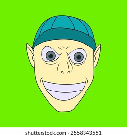 Digital illustration of a mischievous elf character wearing a blue beanie, smiling evilly.