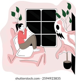 A digital illustration in a modern minimalistic style depicts a young woman sitting on a cozy pink armchair, hugging a pillow while looking fearfully at a ghostly creature emerging from the darkness. 