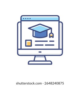 Digital illustration of a mortarboard displayed on a computer screen against a White Background, flat style.
