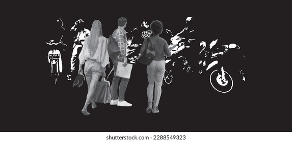 Digital illustration of motorcycle taxi base and prospective passengers. (Ojeg is an Indonesian term for an informal public transportation mode of two-wheeled motorbikes with short-distance routes)