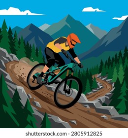 A digital illustration of a mountain biker navigating a winding dirt trail through a pine forest.