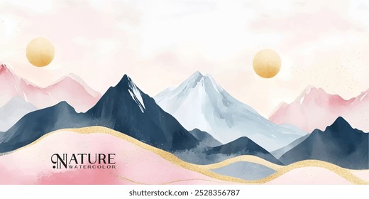 Ilustração digital de uma cordilheira pintada em aquarela com tons suaves de azul, branco e rosa. O fundo apresenta dois sóis circulares dourados e um fundo de aquarela rosa claro