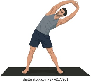 A digital illustration of a muscular man in athletic apparel, performing a standing side bend (Parsva Tadasana) yoga stretch on a black exercise mat against a white background.