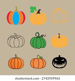 a digital illustration of nine different pumpkins and gourds in various colors and styles, including orange, green, white, and black, with some having stems and leaves, on a beige background