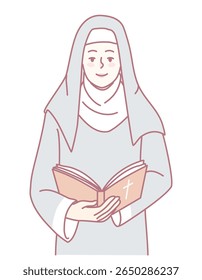 Ilustração digital de uma freira em trajes tradicionais segurando um livro religioso, simbolizando fé e devoção