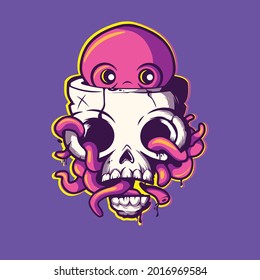 ilustración digital del icono del pulpo y del vector del cráneo. un pulpo escondido en el cráneo. concepto de ilustración de dibujos animados planos