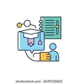 Digital illustration of online education elements includes graduation cap notebook and person on a White Background. Flat graphic style design.