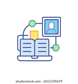 Digital illustration of online education featuring a book connected to a profile icon. Flat design style with blue, green, and yellow colors.