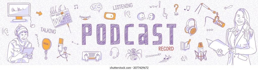 Digital illustration – outline icons showing special equipment, creators and hosts of podcasts: man, woman, microphones, headphones, mixer, computer. Horizontal Internet banner, panoramic view, vector