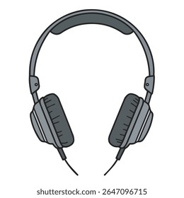 Digital illustration of over-ear headphones in shades of gray and black, featuring cushioned ear cups, adjustable headband, and wired connection, presented on a white background