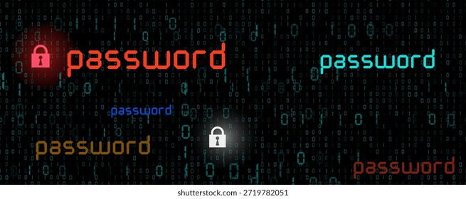 Ilustração digital de segurança de senha. Ícones de cadeado e a palavra senha repetidos sobre uma matriz de código binário. Tecnologia e conceito de hacking.