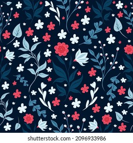 Digital illustration pattern of beautiful bright flowers and plants on a dark background can be used as a print