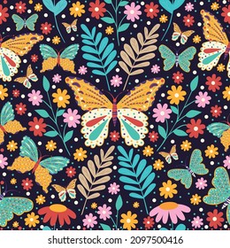 Digital illustration pattern of bright beautiful butterflies flowers and plants on a dark background